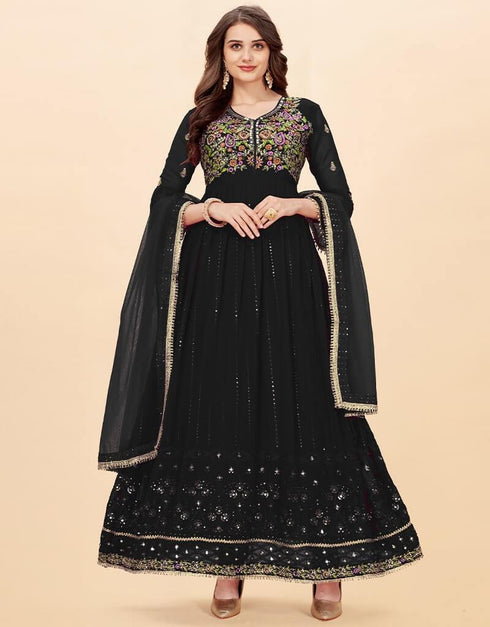 Black Anarkali style Anarkali Faux Georgette Salwar Kameez in Sequins Embroidery, Stone, Real Mirror & Lace Work