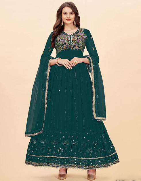 Green Anarkali style Anarkali Faux Georgette Salwar Kameez in Sequins Embroidery, Stone, Real Mirror & Lace Work