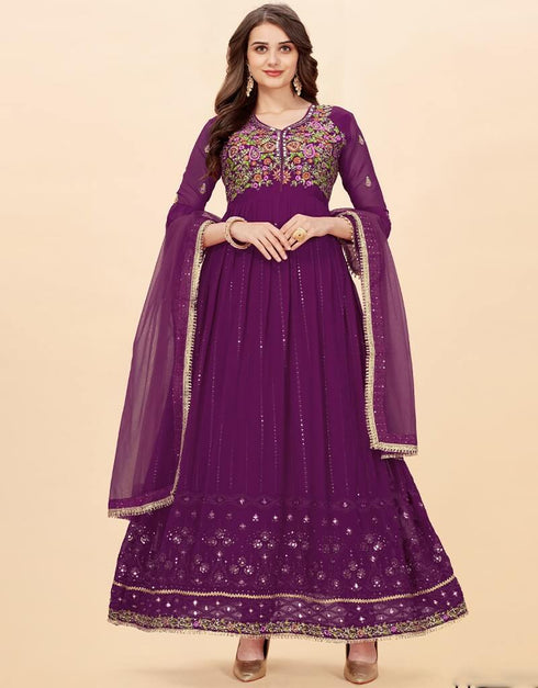Purple Anarkali style Anarkali Faux Georgette Salwar Kameez in Sequins Embroidery, Stone, Real Mirror & Lace Work