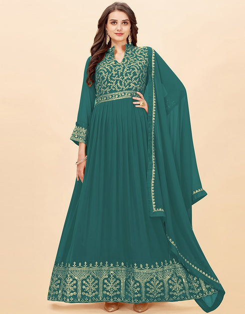 Light Rama Anarkali style Anarkali Faux Georgette Salwar Kameez in Cording Embroidery, Sequins & Lace Work
