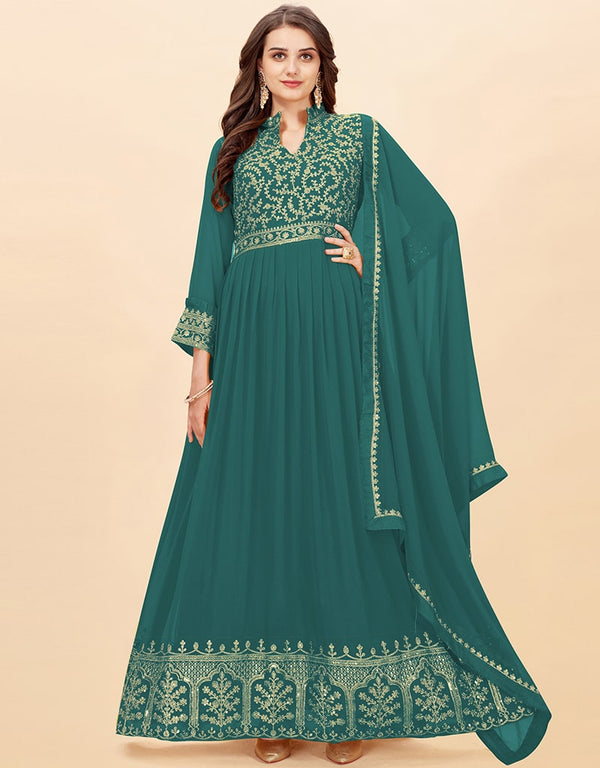 Light Rama Anarkali style Anarkali Faux Georgette Salwar Kameez in Cording Embroidery, Sequins & Lace Work