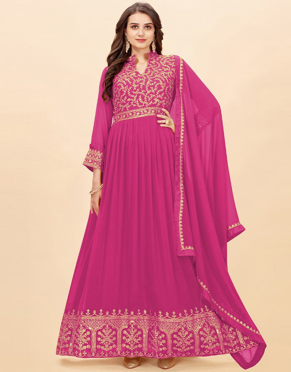 Pink Anarkali style Anarkali Faux Georgette Salwar Kameez in Cording Embroidery, Sequins & Lace Work