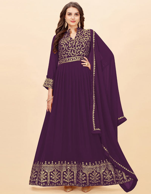Purple Anarkali style Anarkali Faux Georgette Salwar Kameez in Cording Embroidery, Sequins & Lace Work