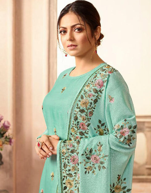 Sky Blue Chudidar style Suit Faux Georgette Salwar Kameez in Embroidery, Stone & Lace Work Closure View