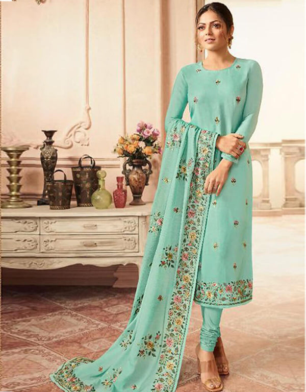 Sky Blue Chudidar style Suit Faux Georgette Salwar Kameez in Embroidery, Stone & Lace Work