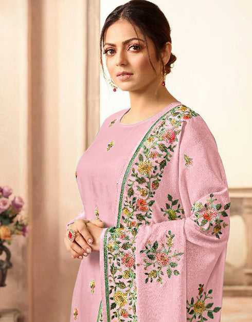 Pink Chudidar style Suit Faux Georgette Salwar Kameez in Embroidery, Stone & Lace Work Closure View