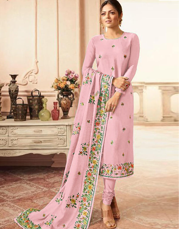 Pink Chudidar style Suit Faux Georgette Salwar Kameez in Embroidery, Stone & Lace Work