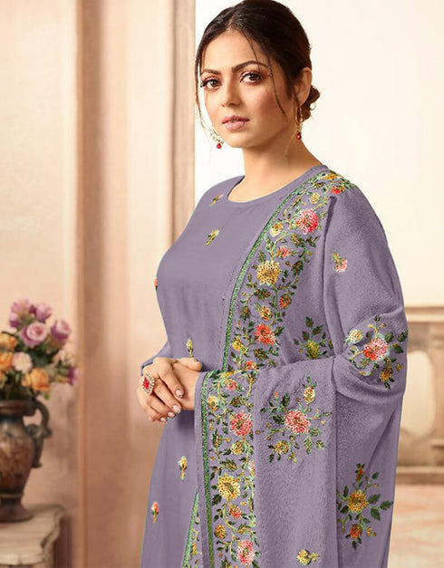 Purple Chudidar style Suit Faux Georgette Salwar Kameez in Embroidery, Stone & Lace Work Closure View