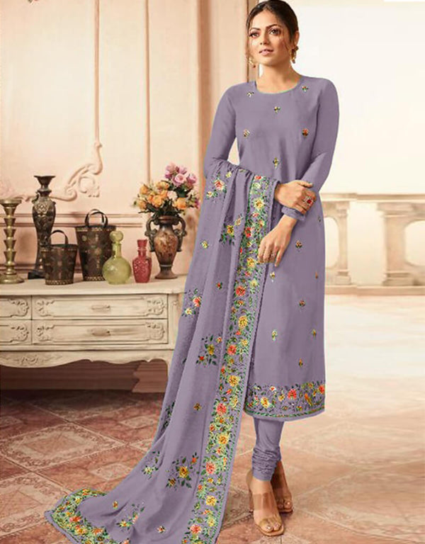 Purple Chudidar style Suit Faux Georgette Salwar Kameez in Embroidery, Stone & Lace Work