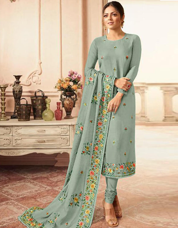 Green Chudidar style Suit Faux Georgette Salwar Kameez in Embroidery, Stone & Lace Work