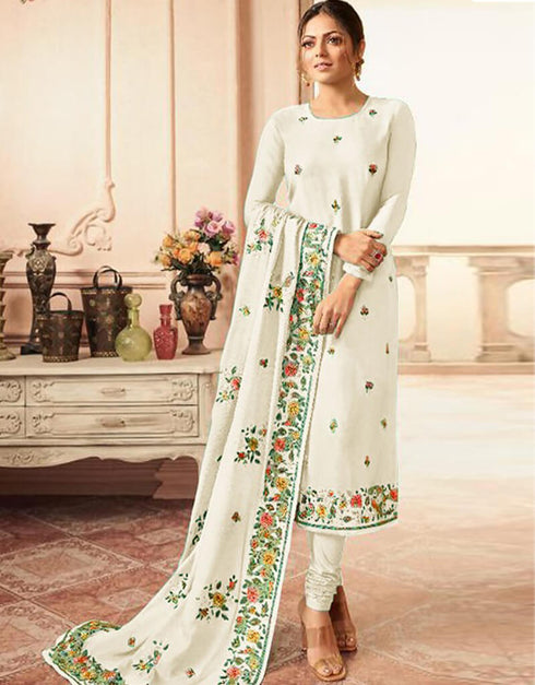 White Chudidar style Suit Faux Georgette Salwar Kameez in Embroidery, Stone & Lace Work