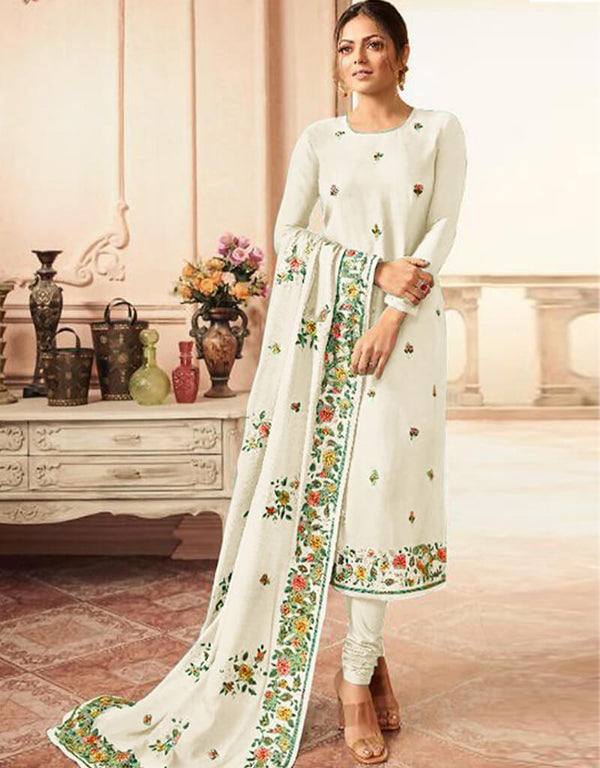 White Chudidar style Suit Faux Georgette Salwar Kameez in Embroidery, Stone & Lace Work