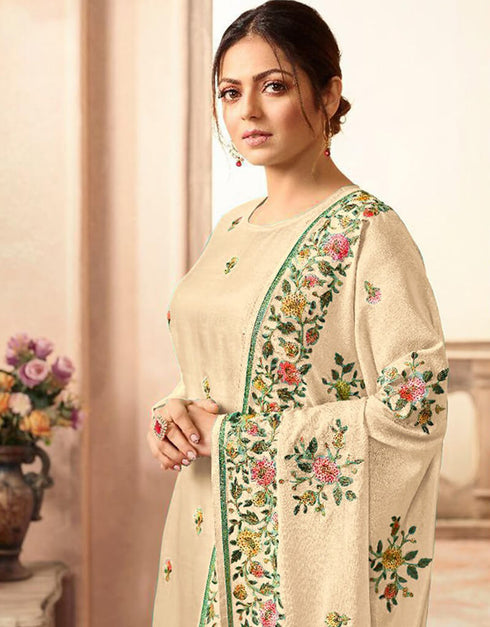 Cream Chudidar style Suit Faux Georgette Salwar Kameez in Embroidery, Stone & Lace Work Closure View