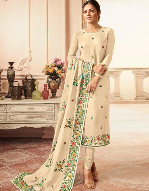 Cream Chudidar style Suit Faux Georgette Salwar Kameez in Embroidery, Stone & Lace Work