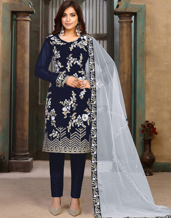 Blue Chudidar style Suit Faux Georgette Salwar Kameez in Heavy Embroidery & Lace Work