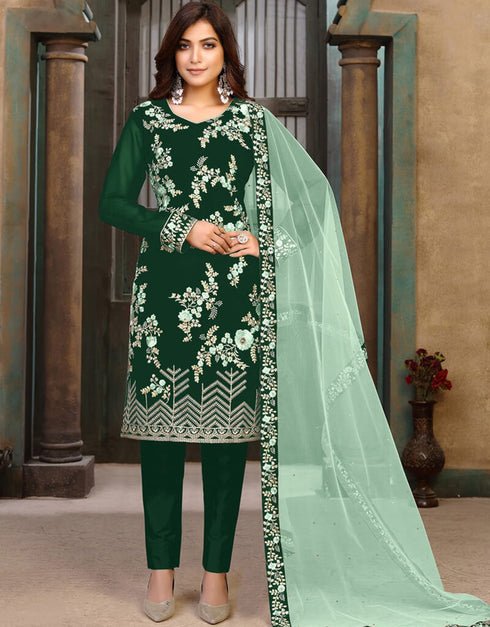 Bottle Green Chudidar style Suit Faux Georgette Salwar Kameez in Heavy Embroidery & Lace Work
