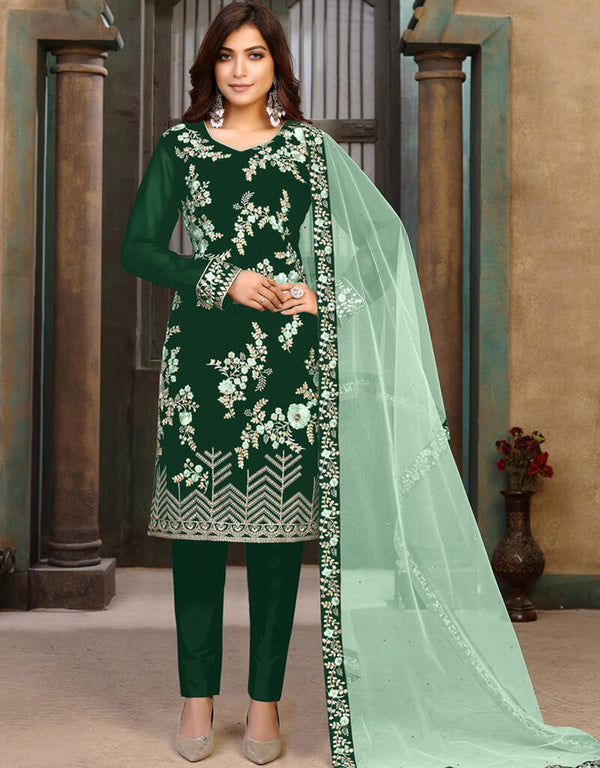Bottle Green Chudidar style Suit Faux Georgette Salwar Kameez in Heavy Embroidery & Lace Work