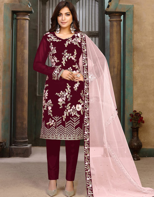 Red Chudidar style Suit Faux Georgette Salwar Kameez in Heavy Embroidery & Lace Work