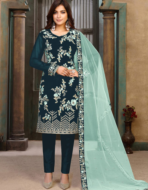 Green Chudidar style Suit Faux Georgette Salwar Kameez in Heavy Embroidery & Lace Work