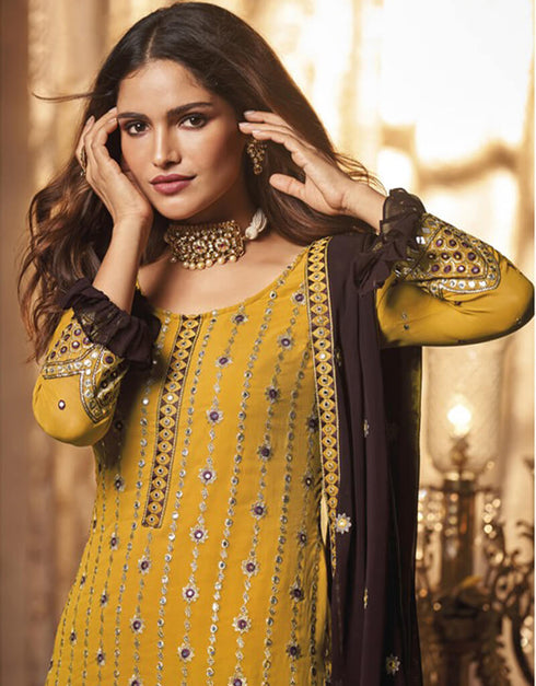 Yellow Sharara style Suit Faux Georgette Salwar Kameez in Embroidery, Sequins & Lace Work Closure View