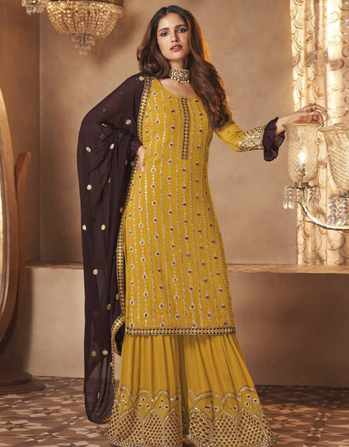 Yellow Sharara style Suit Faux Georgette Salwar Kameez in Embroidery, Sequins & Lace Work