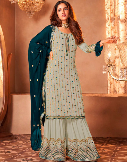 Grey Sharara style Suit Faux Georgette Salwar Kameez in Embroidery, Sequins & Lace Work