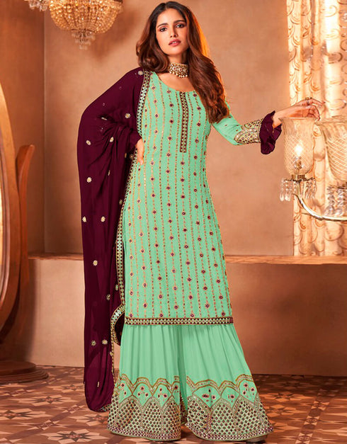 Green Sharara style Suit Faux Georgette Salwar Kameez in Embroidery, Sequins & Lace Work