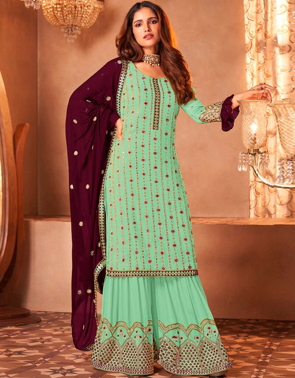 Green Sharara style Suit Faux Georgette Salwar Kameez in Embroidery, Sequins & Lace Work