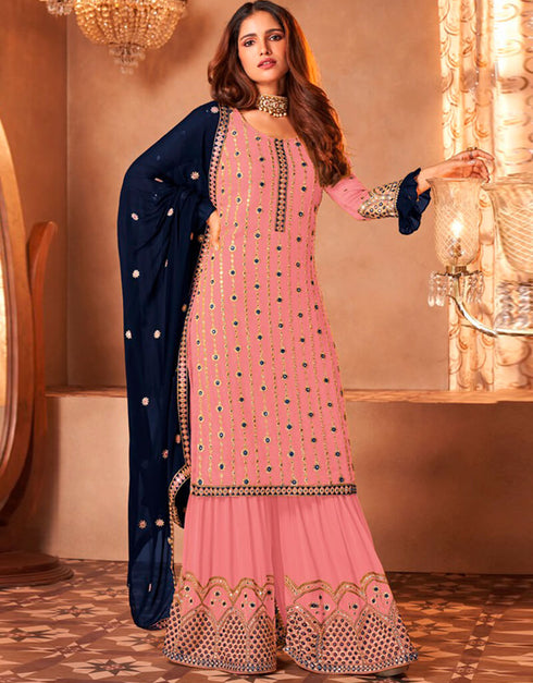 Pink Sharara style Suit Faux Georgette Salwar Kameez in Embroidery, Sequins & Lace Work