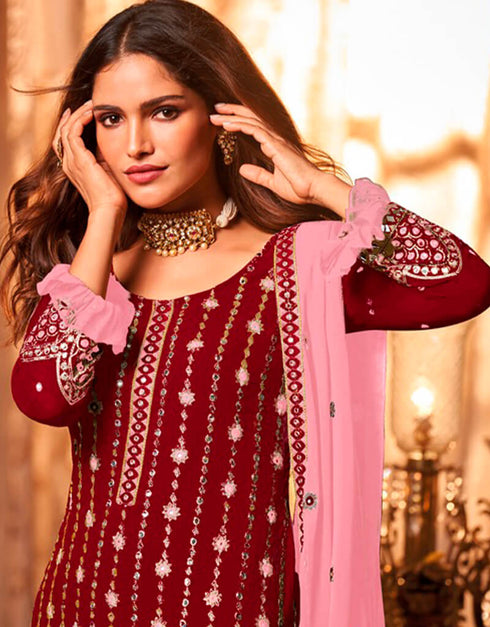 Red Sharara style Suit Faux Georgette Salwar Kameez in Embroidery, Sequins & Lace Work Closure View