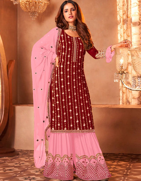 Red Sharara style Suit Faux Georgette Salwar Kameez in Embroidery, Sequins & Lace Work