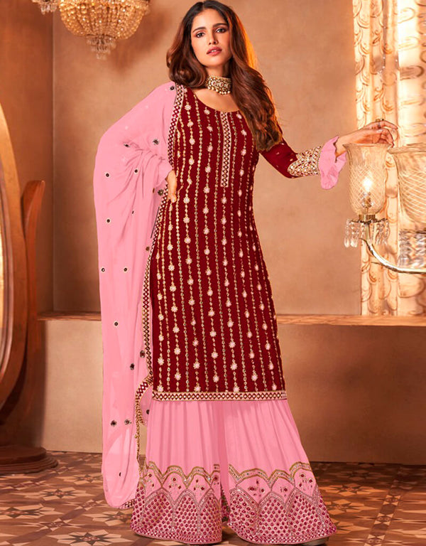 Red Sharara style Suit Faux Georgette Salwar Kameez in Embroidery, Sequins & Lace Work