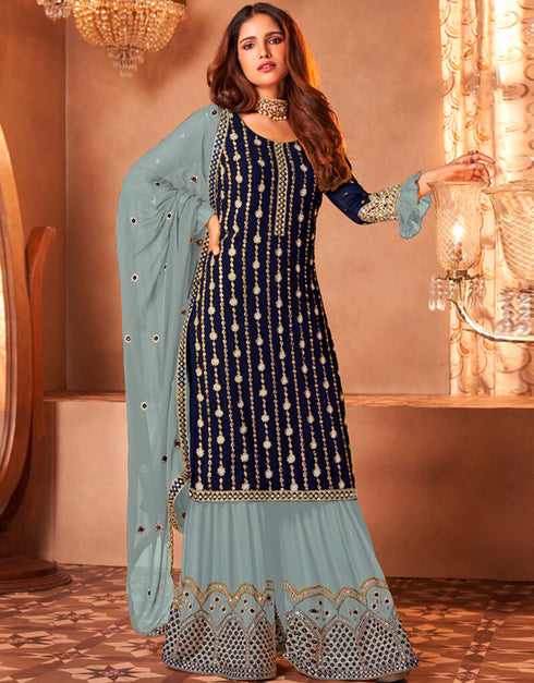 Blue Sharara style Suit Faux Georgette Salwar Kameez in Embroidery, Sequins & Lace Work