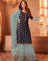 Blue Sharara style Suit Faux Georgette Salwar Kameez in Embroidery, Sequins & Lace Work