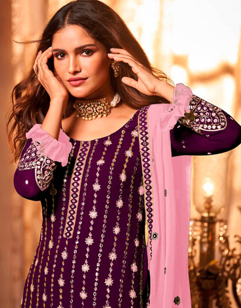Purple Sharara style Suit Faux Georgette Salwar Kameez in Embroidery, Sequins & Lace Work Closure View