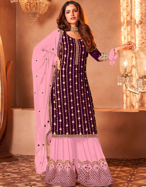 Purple Sharara style Suit Faux Georgette Salwar Kameez in Embroidery, Sequins & Lace Work
