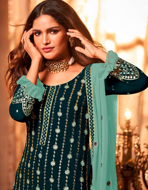 Bottle Green Sharara style Suit Faux Georgette Salwar Kameez in Embroidery, Sequins & Lace Work Closure View