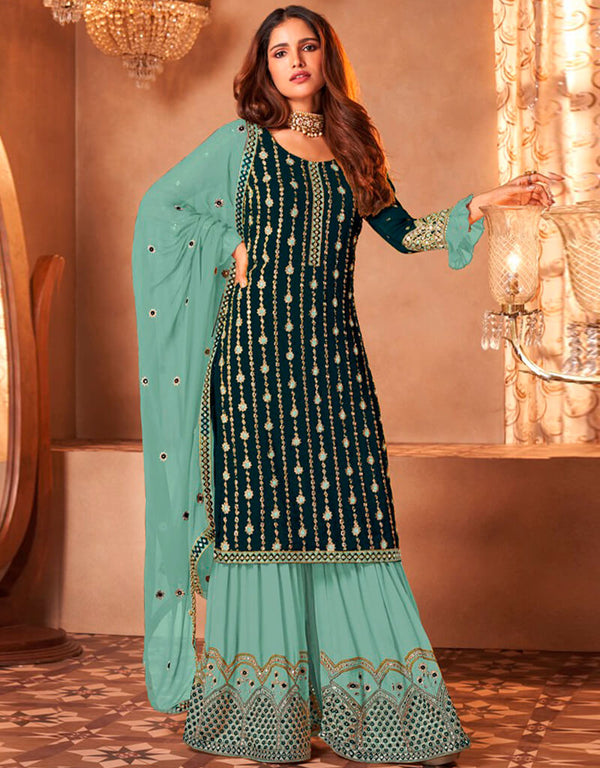 Bottle Green Sharara style Suit Faux Georgette Salwar Kameez in Embroidery, Sequins & Lace Work