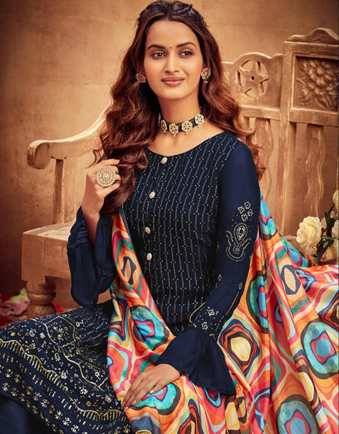 Blue Palazzo style Suit Faux Georgette Salwar Kameez in Embroidery, Digital Print & Lace Work Closure View