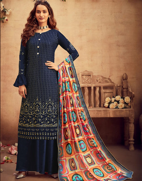 Blue Palazzo style Suit Faux Georgette Salwar Kameez in Embroidery, Digital Print & Lace Work