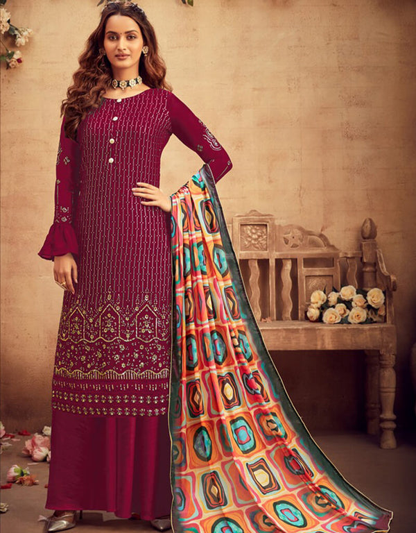 Pink Palazzo style Suit Faux Georgette Salwar Kameez in Embroidery, Digital Print & Lace Work