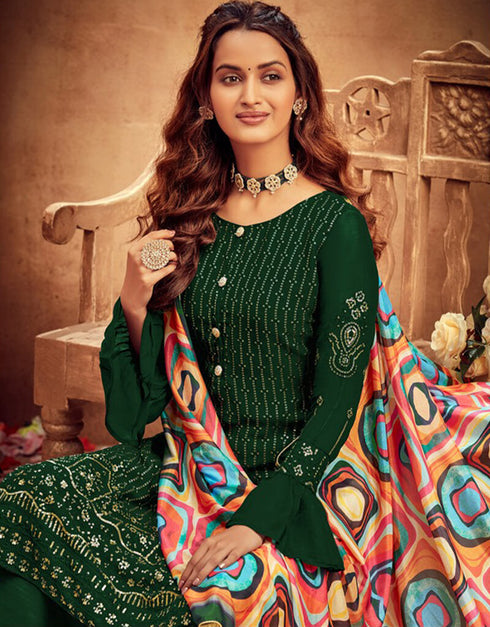 Green Palazzo style Suit Faux Georgette Salwar Kameez in Embroidery, Digital Print & Lace Work Closure View