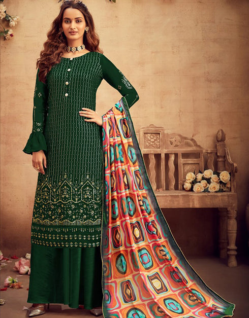 Green Palazzo style Suit Faux Georgette Salwar Kameez in Embroidery, Digital Print & Lace Work