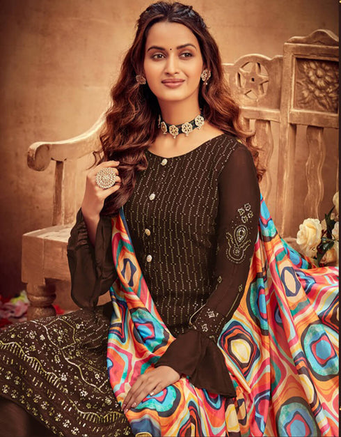 Brown Palazzo style Suit Faux Georgette Salwar Kameez in Embroidery, Digital Print & Lace Work Closure View