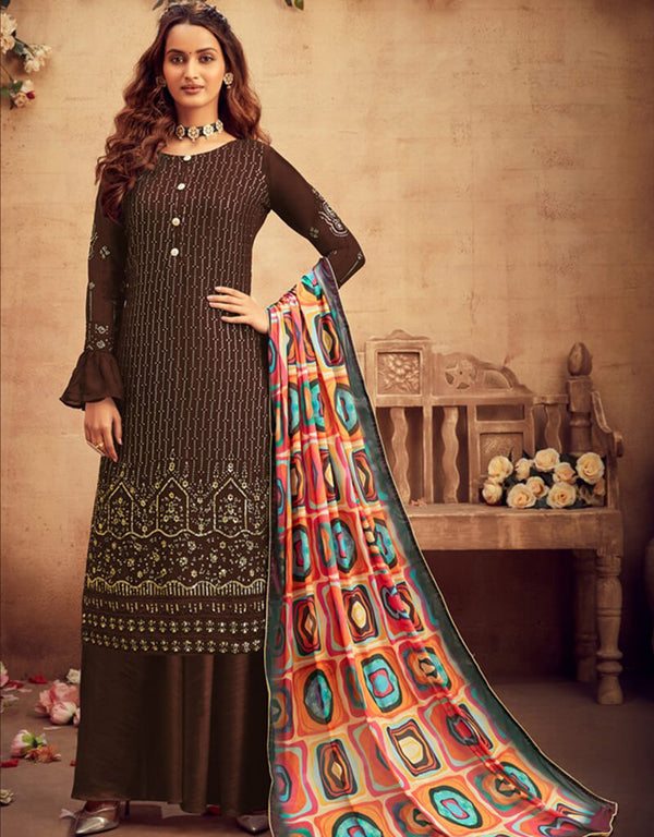 Brown Palazzo style Suit Faux Georgette Salwar Kameez in Embroidery, Digital Print & Lace Work