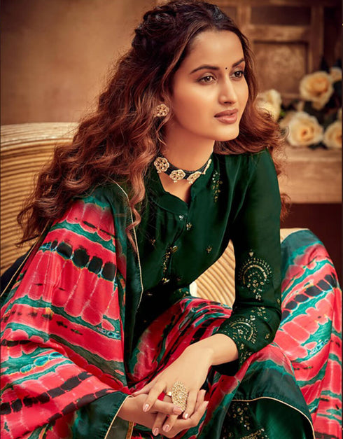 Green Palazzo style Suit Faux Georgette Salwar Kameez in Embroidery, Sequins & Lace Work Closure View