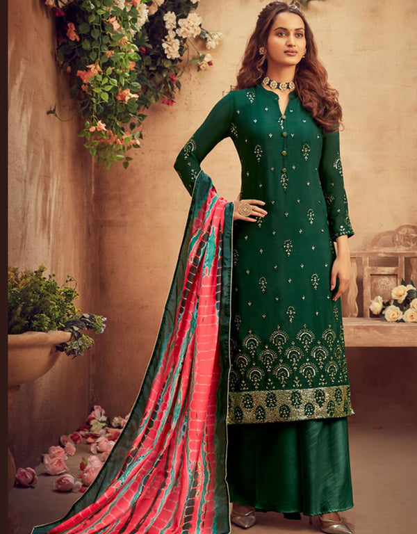 Green Palazzo style Suit Faux Georgette Salwar Kameez in Embroidery, Sequins & Lace Work