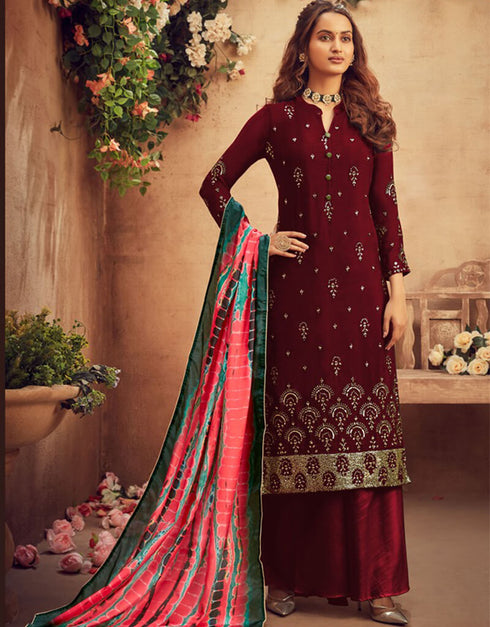 Red Palazzo style Suit Faux Georgette Salwar Kameez in Embroidery, Sequins & Lace Work
