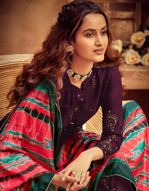 Purple Palazzo style Suit Faux Georgette Salwar Kameez in Embroidery, Sequins & Lace Work Closure View