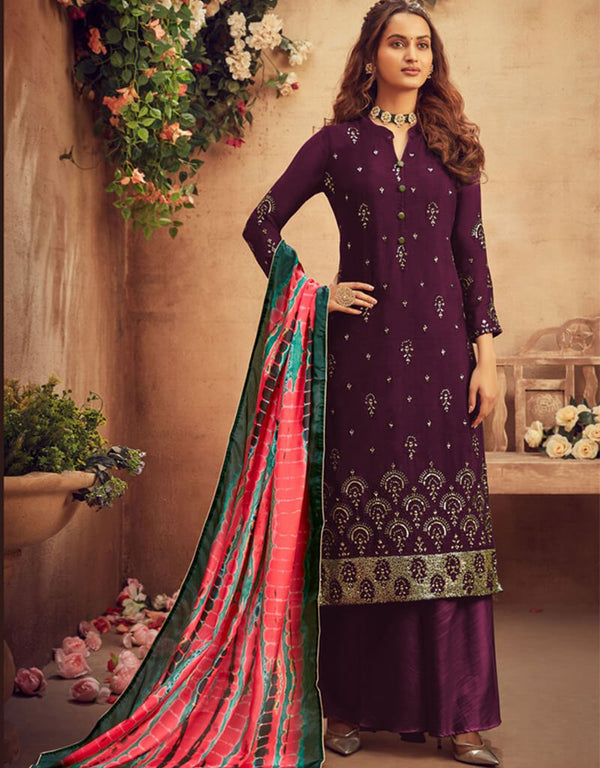 Purple Palazzo style Suit Faux Georgette Salwar Kameez in Embroidery, Sequins & Lace Work
